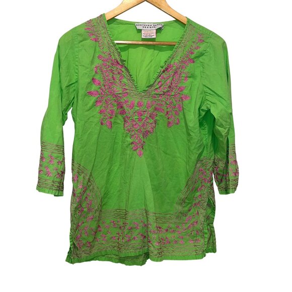 Gretchen Scott Green Cotton Tunic Top Embroidered V-Neck 3/4 Sleeves L boho - Picture 2 of 10